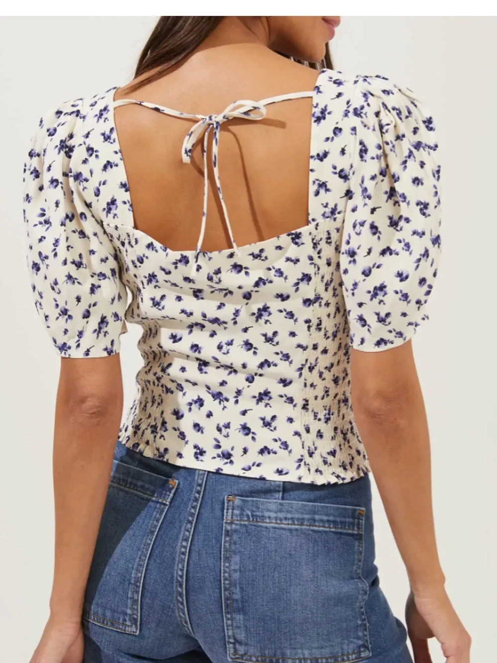 Astr Cream Floral Sweetheart Puff Sleeve Top in Blue